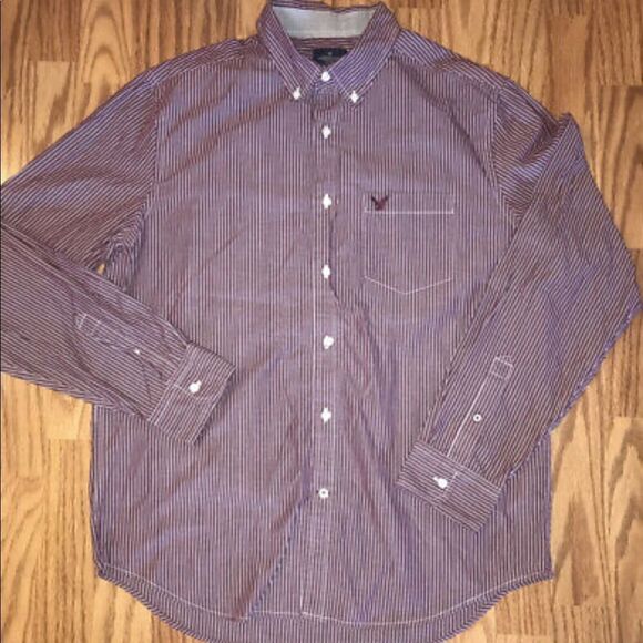 ✨2xHP✨AEO Striped Button Down Shirt. Maroon✨ - Picture 2 of 6